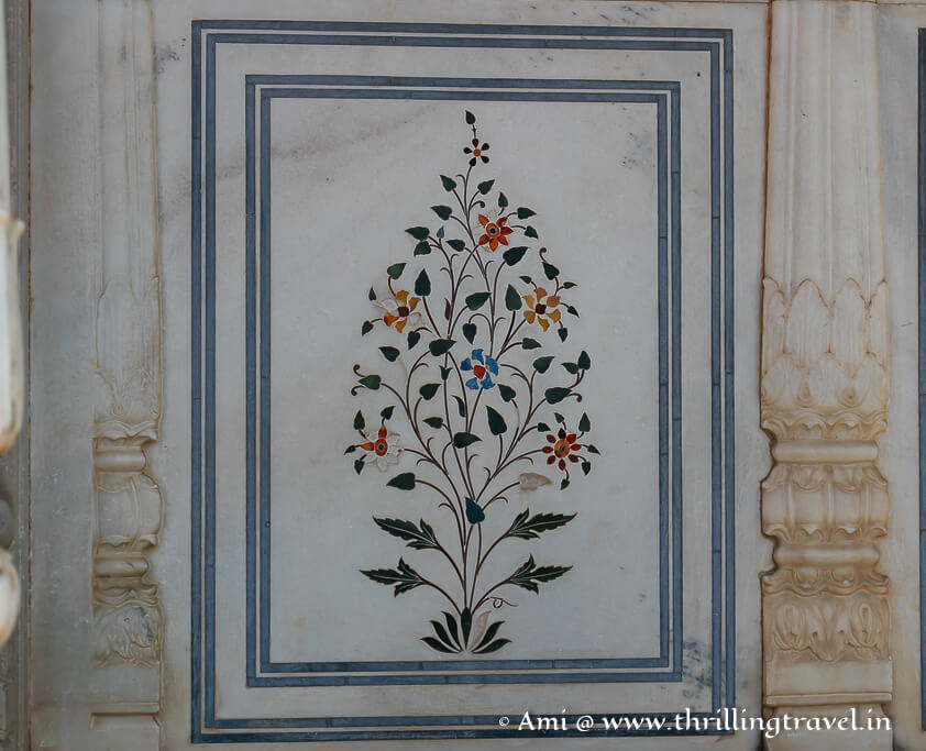 Close-up of the gemstone inlay work on the Makrana marble of Rajendra Pol