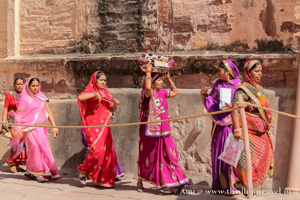 Women visiting the Chamunda Mata temple in Mehrangarh fort during Dusshera