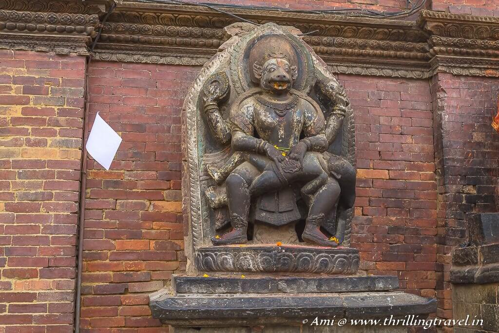 The statue of Lord Narsimha slaying Hiranyakashyap at Patan Durbar Square
