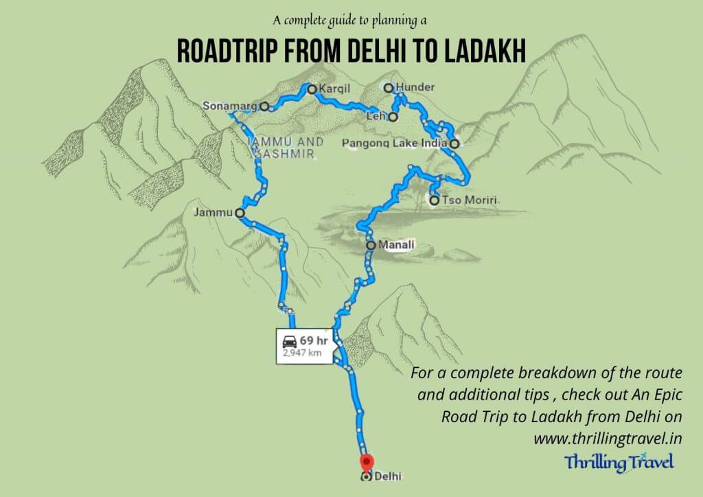 Map of  the Road Trip from Delhi to Ladakh
