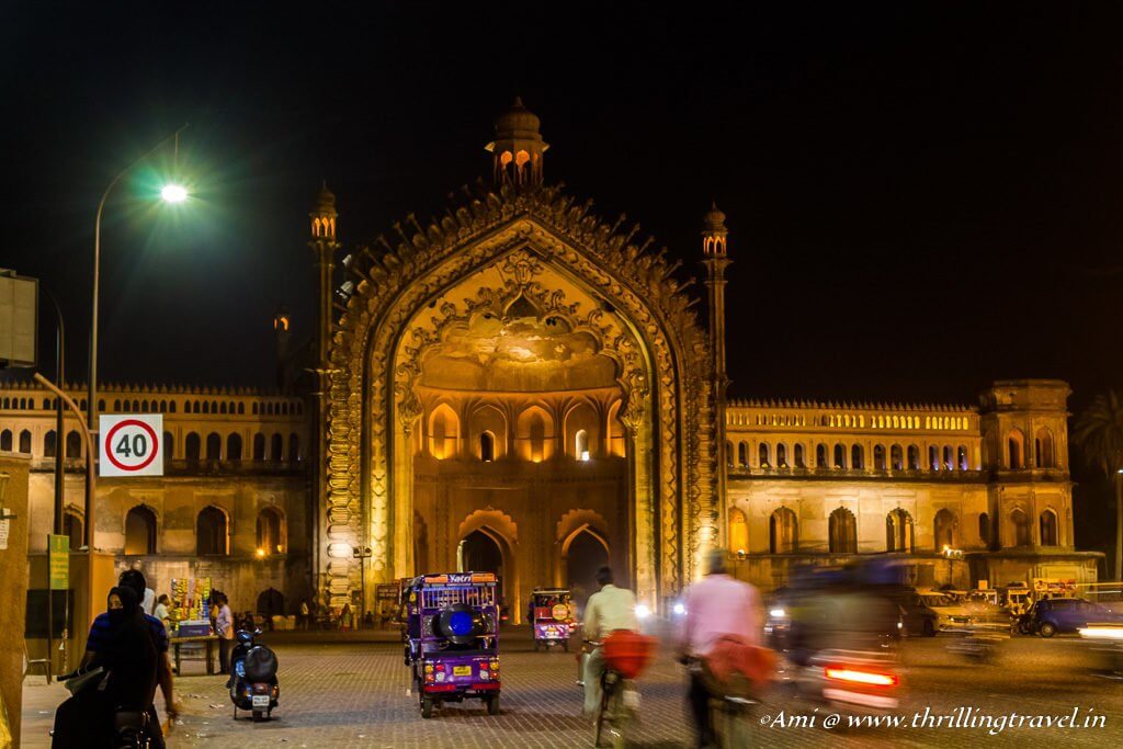The Western side of the Rumi Darwaza at night with its single facade.