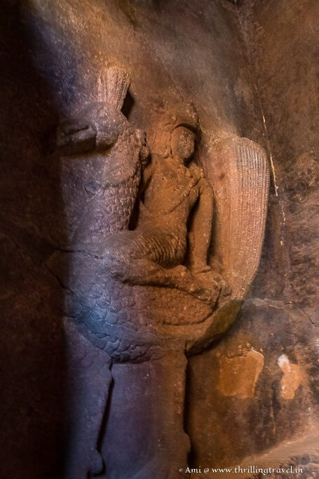 Spot the Kartikeya riding his peacock in Cave One of Badami Caves