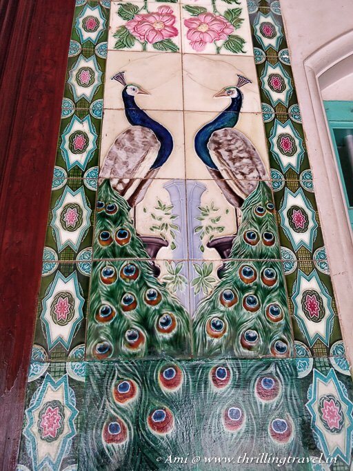 close up of the Peacock on tiles at the entrance of Athangudi Palace