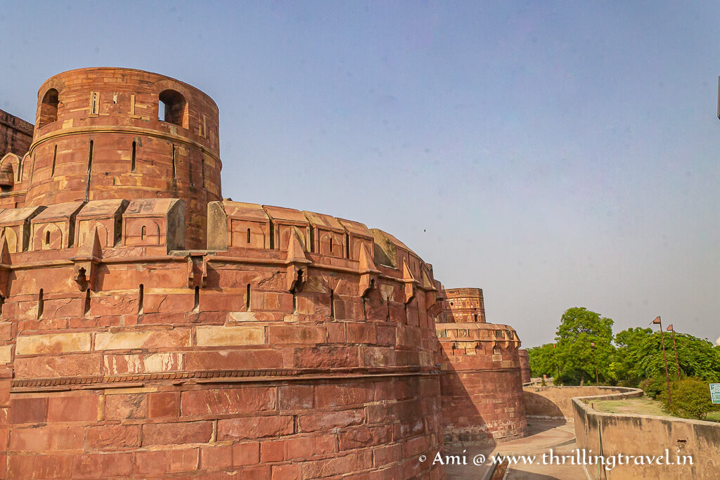 Agra fort walls with the bastion and the moat surrounding it