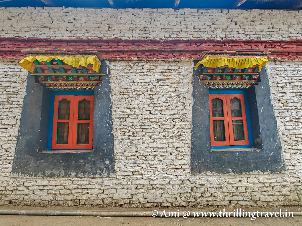 A touch of Tibetan -Bhutanese architecture seen on the windows of the monastery inside Dirang Dzong