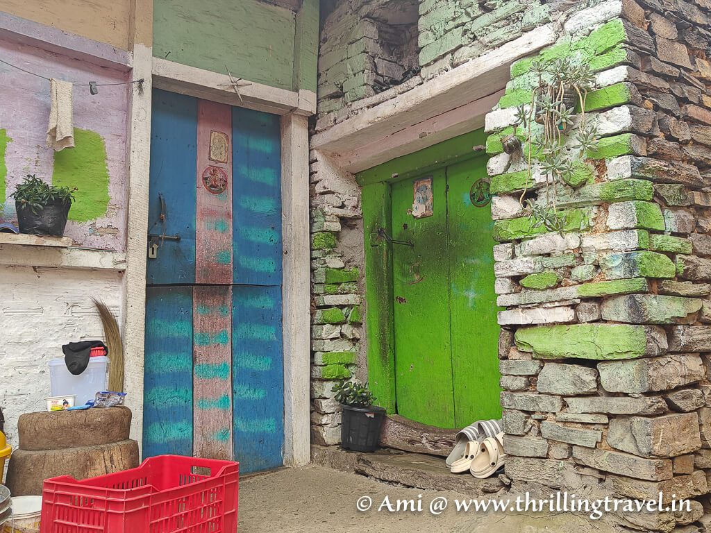 Colors on the stone and wooden houses of Monpa people in Dirang Dzong