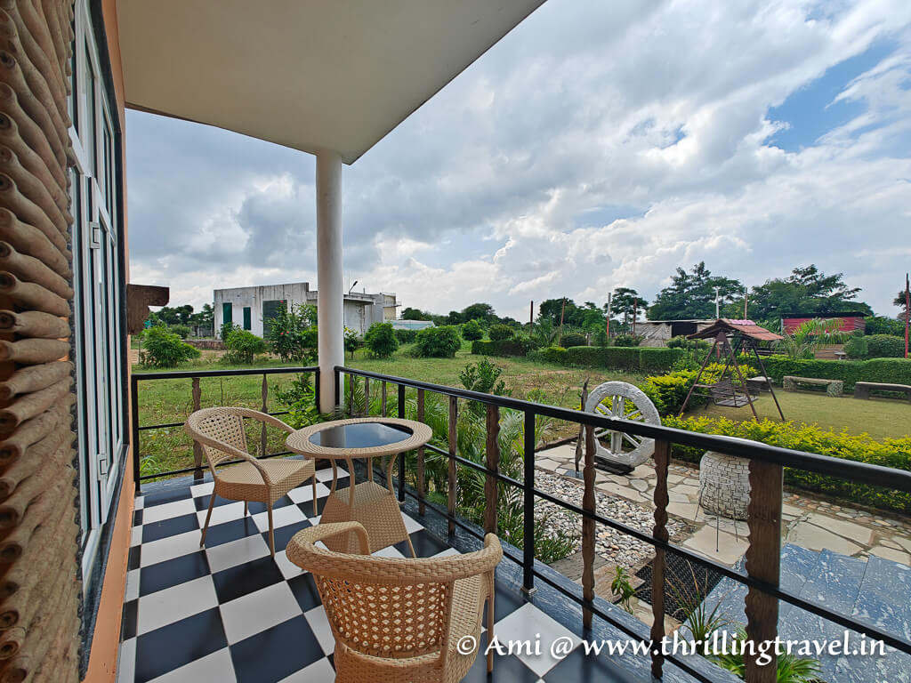 A lovely sit-out outside my room at Aranyavas nature stay in Jaipur