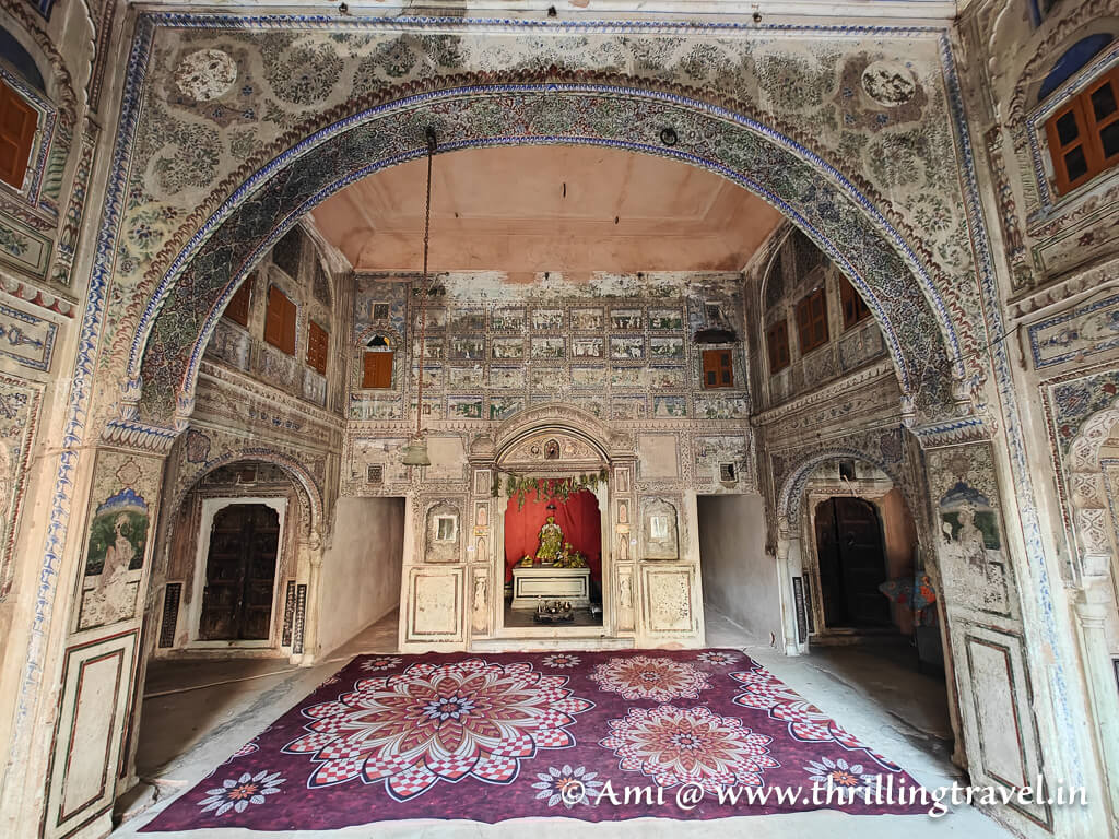 The frescoes-filled Sabha Mandap of Sitaram Ji Mandir in the old walled city of Jaipur