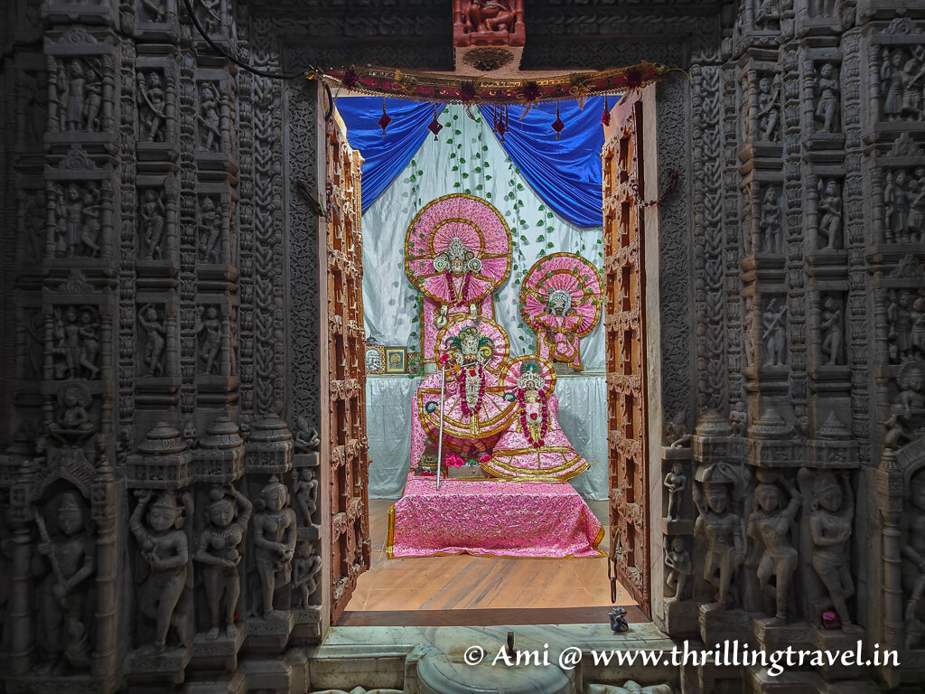 The Garbhagriha with the Jagat Shiromani temple murti (idol) of Lord Krishna, Lord Vishnu and Mirabai herself