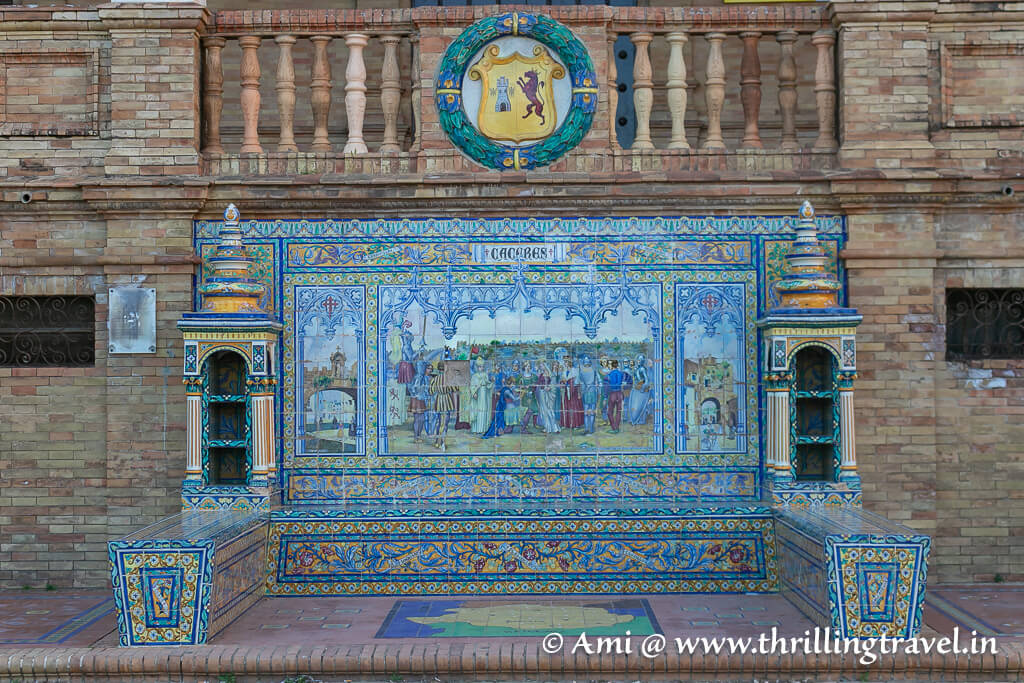 The Azulejos tile bench representing one of the Spanish provinces at the Plaza Espana, Seville
