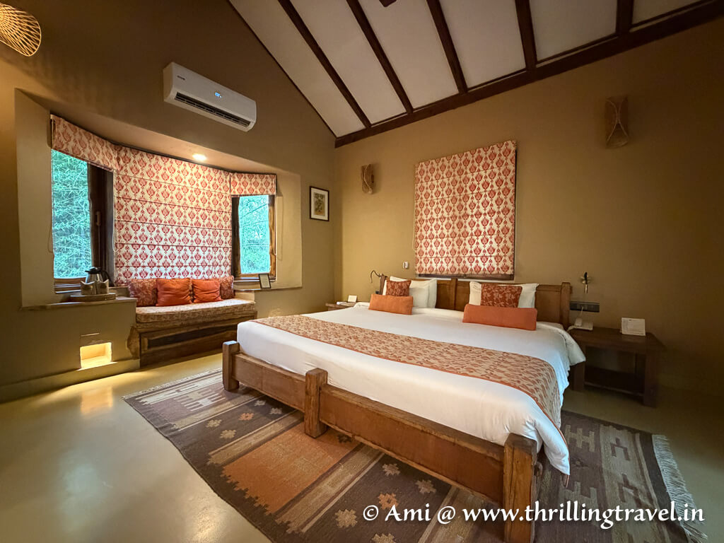 Inside my comfortable stilt cottage at Kings Lodge Bandhavgarh